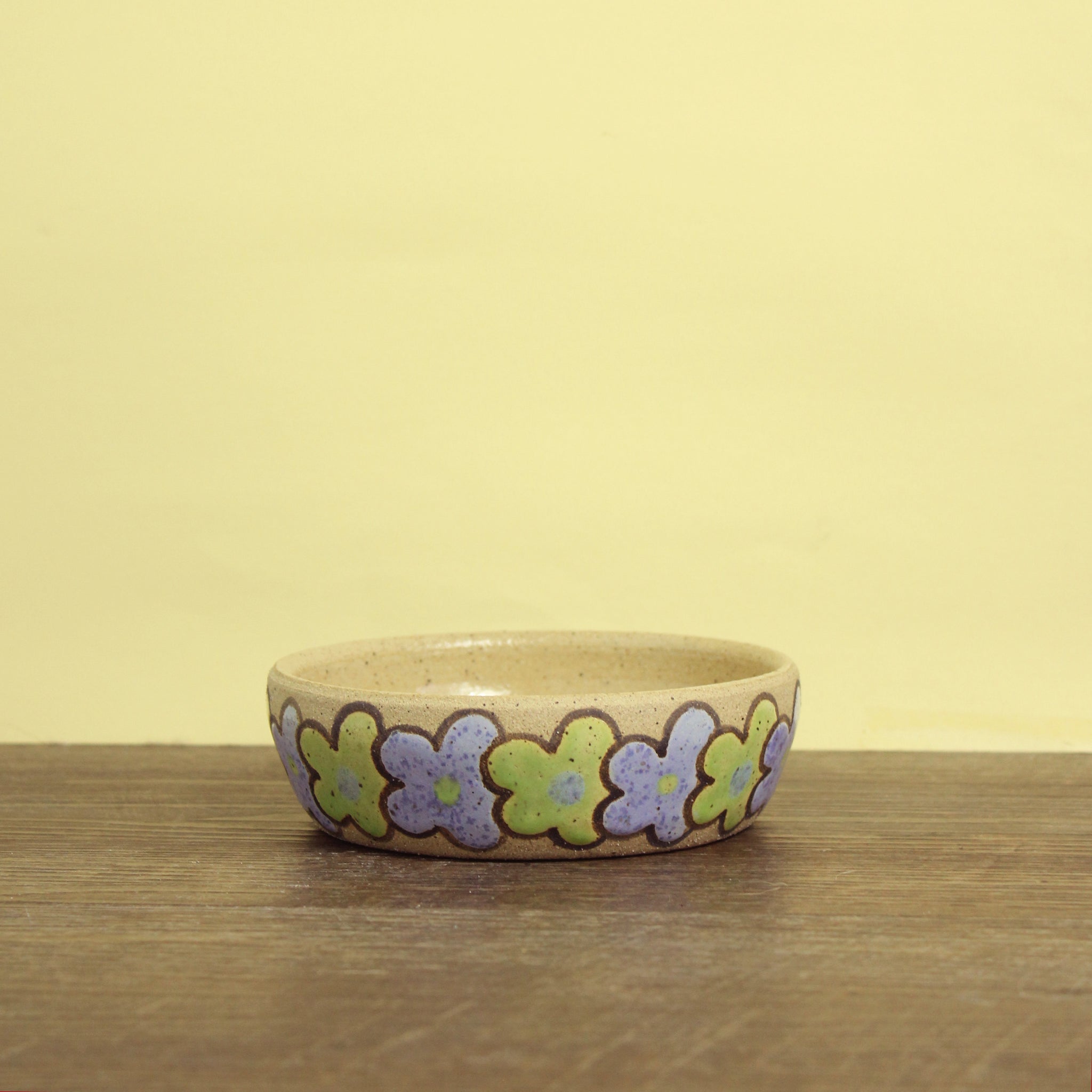 Glazed Stoneware Kitty Bowl/Catch All Dish with Flower Pattern