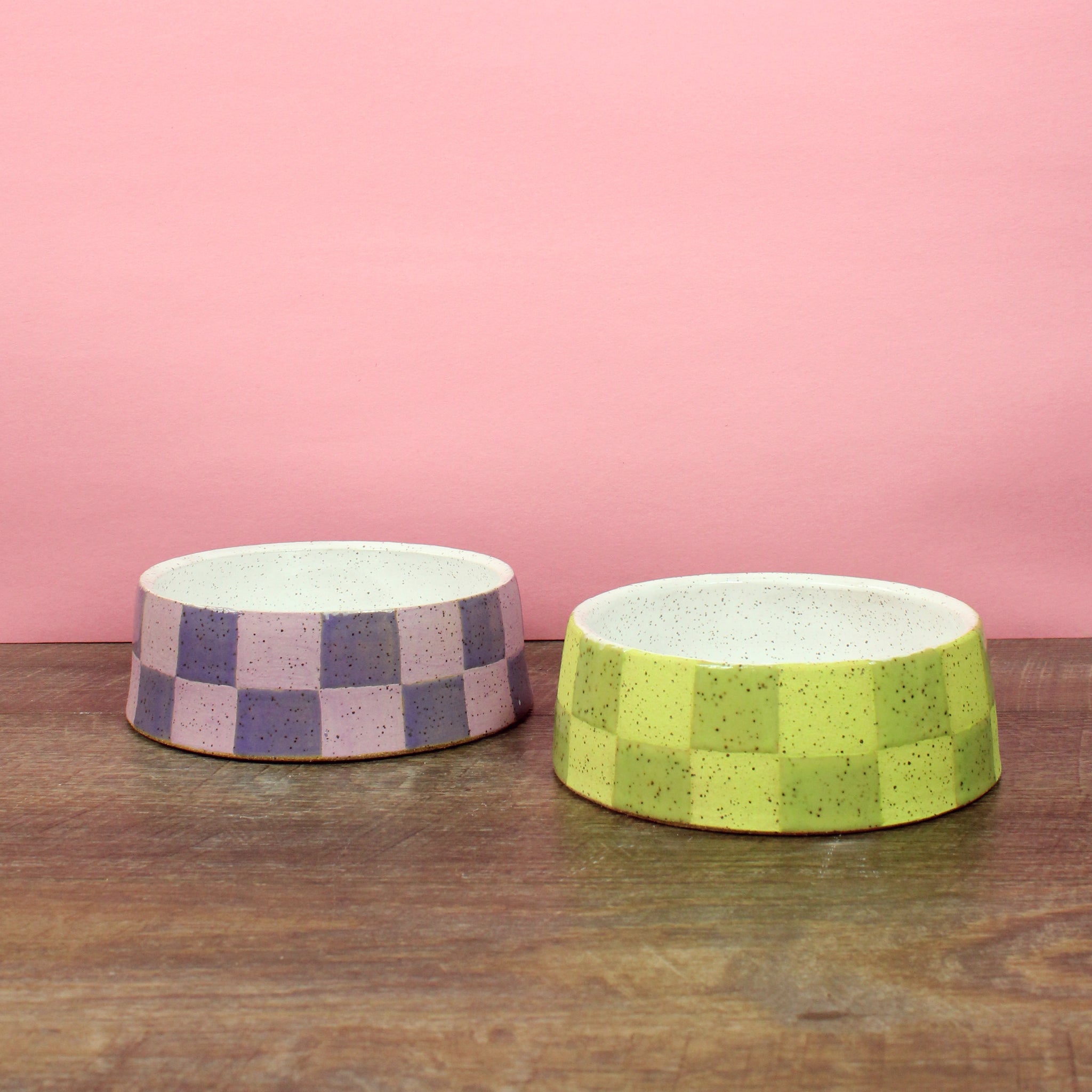 Glazed Stoneware Dog Bowl with Checkered Pattern