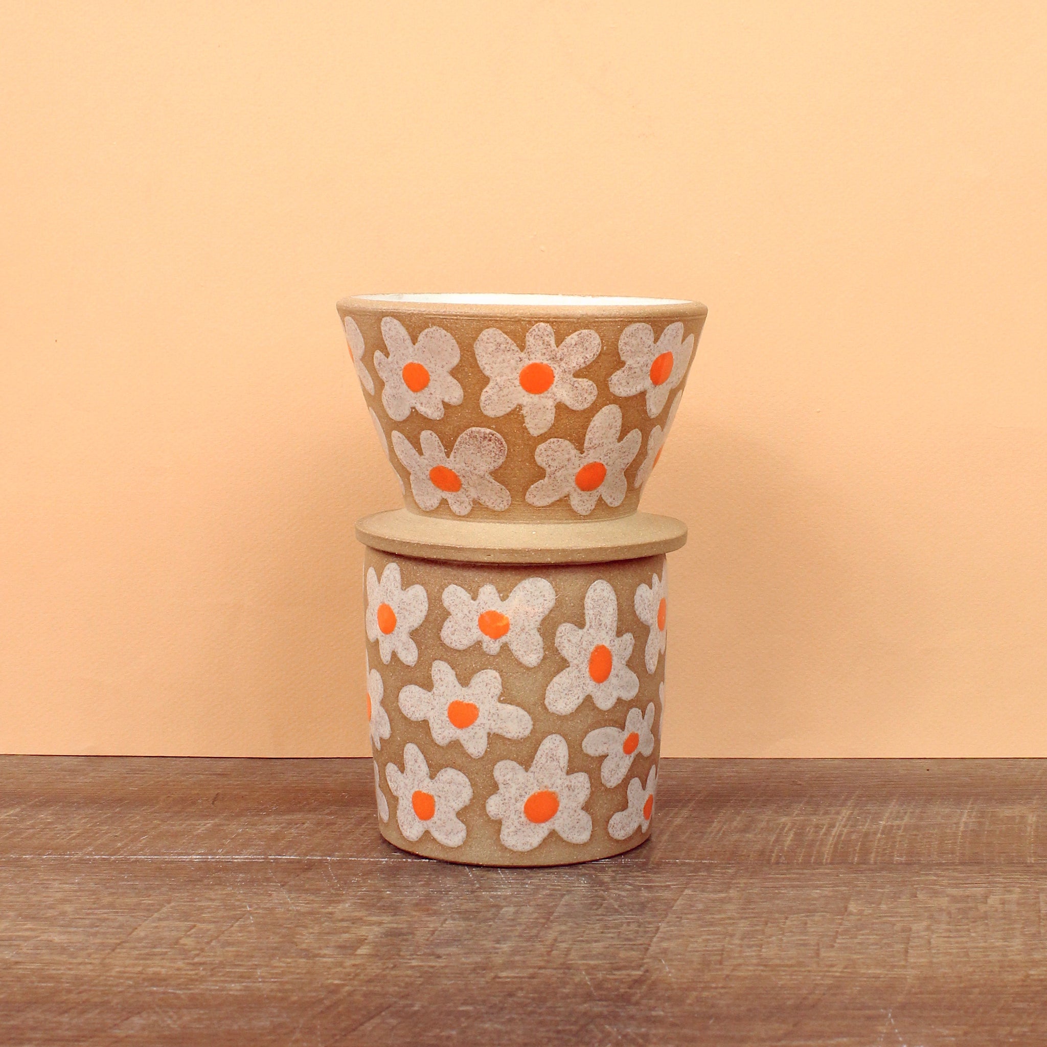Glazed Stoneware Pour-Over/Tumbler Set with Flower Pattern