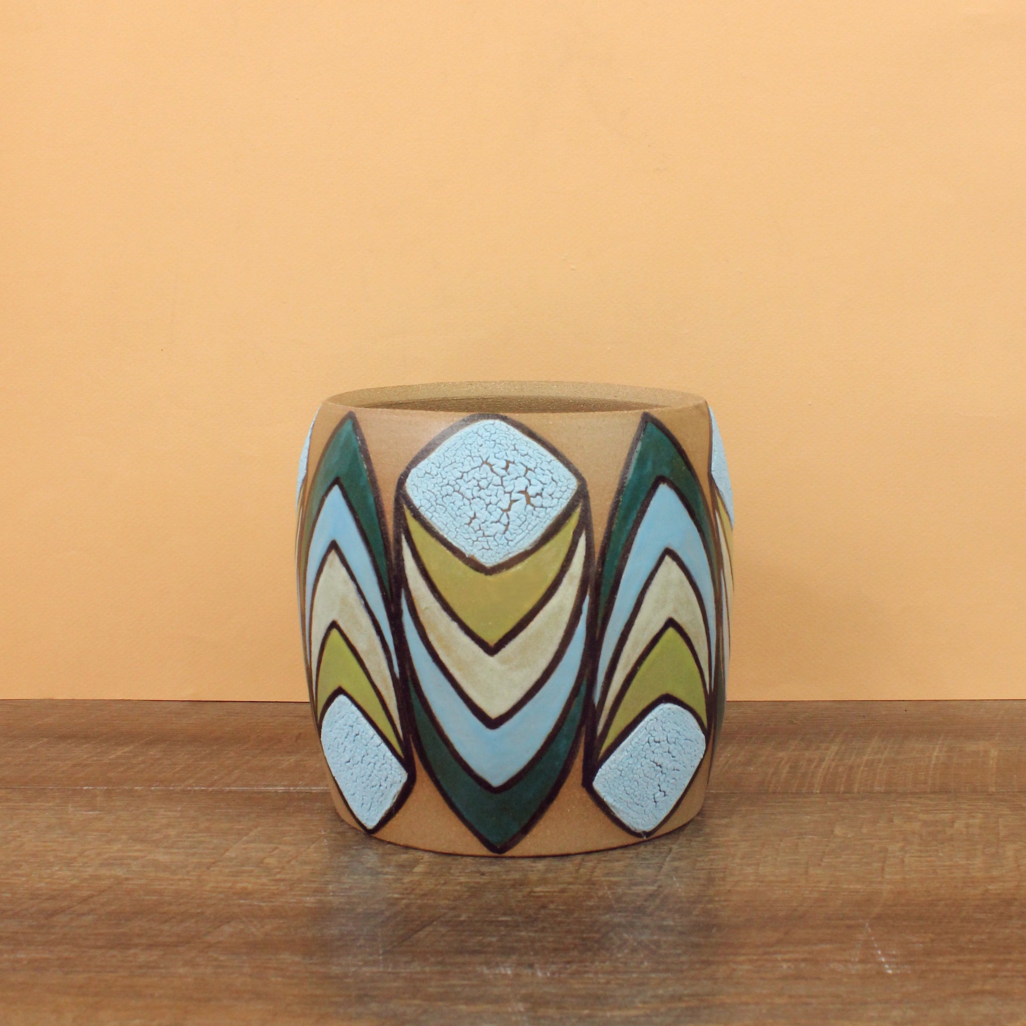 Glazed Stoneware Pot with Repeating Diamonds