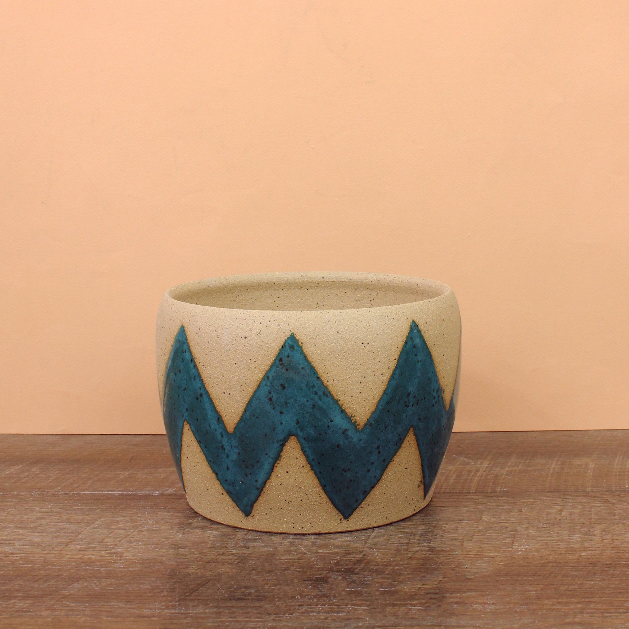 Glazed Stoneware Pot with Zig Zag Pattern