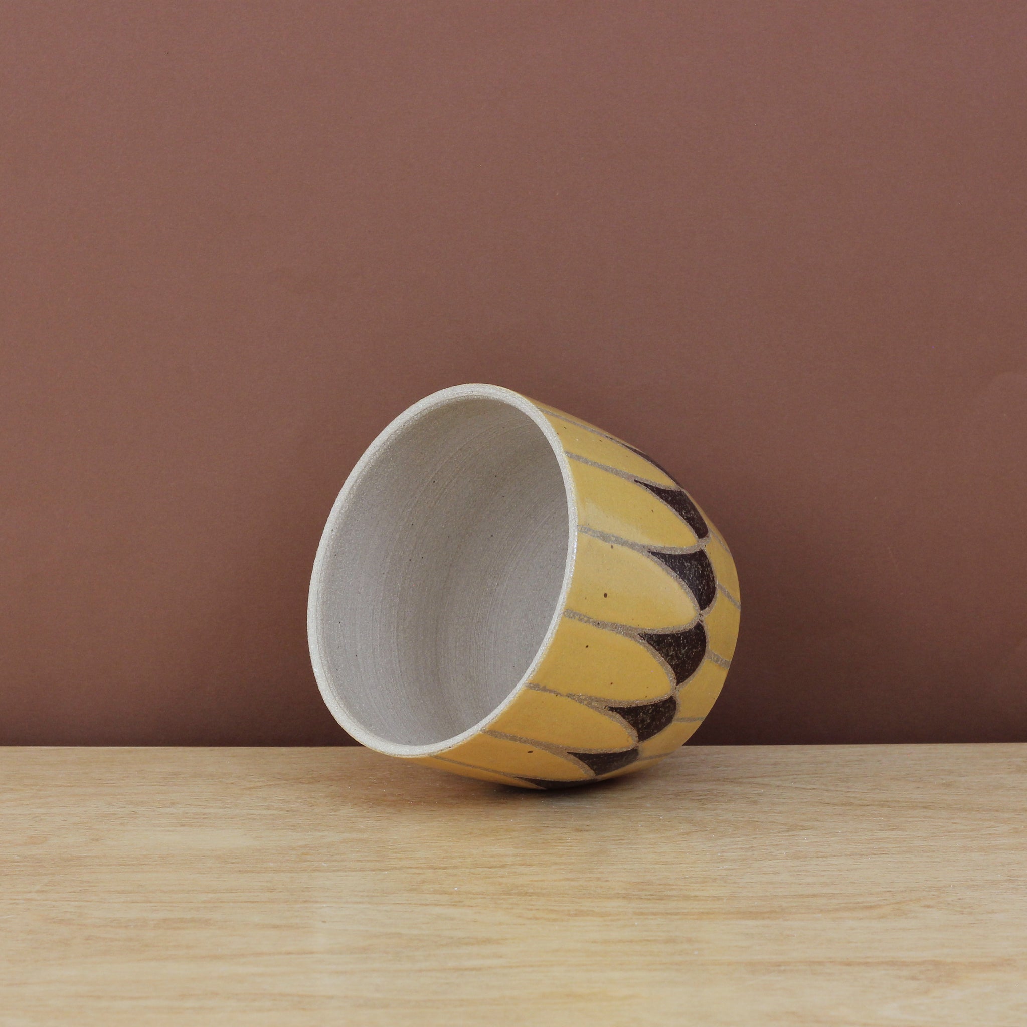 Glazed Stoneware Pot with Triangle and Stripe Pattern