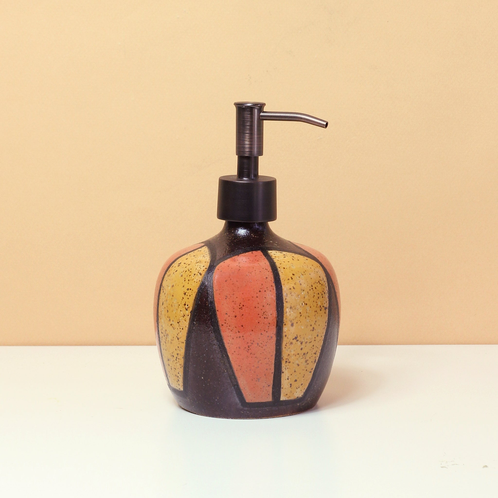 Glazed Stoneware Soap Dispenser with Mid Century Pattern