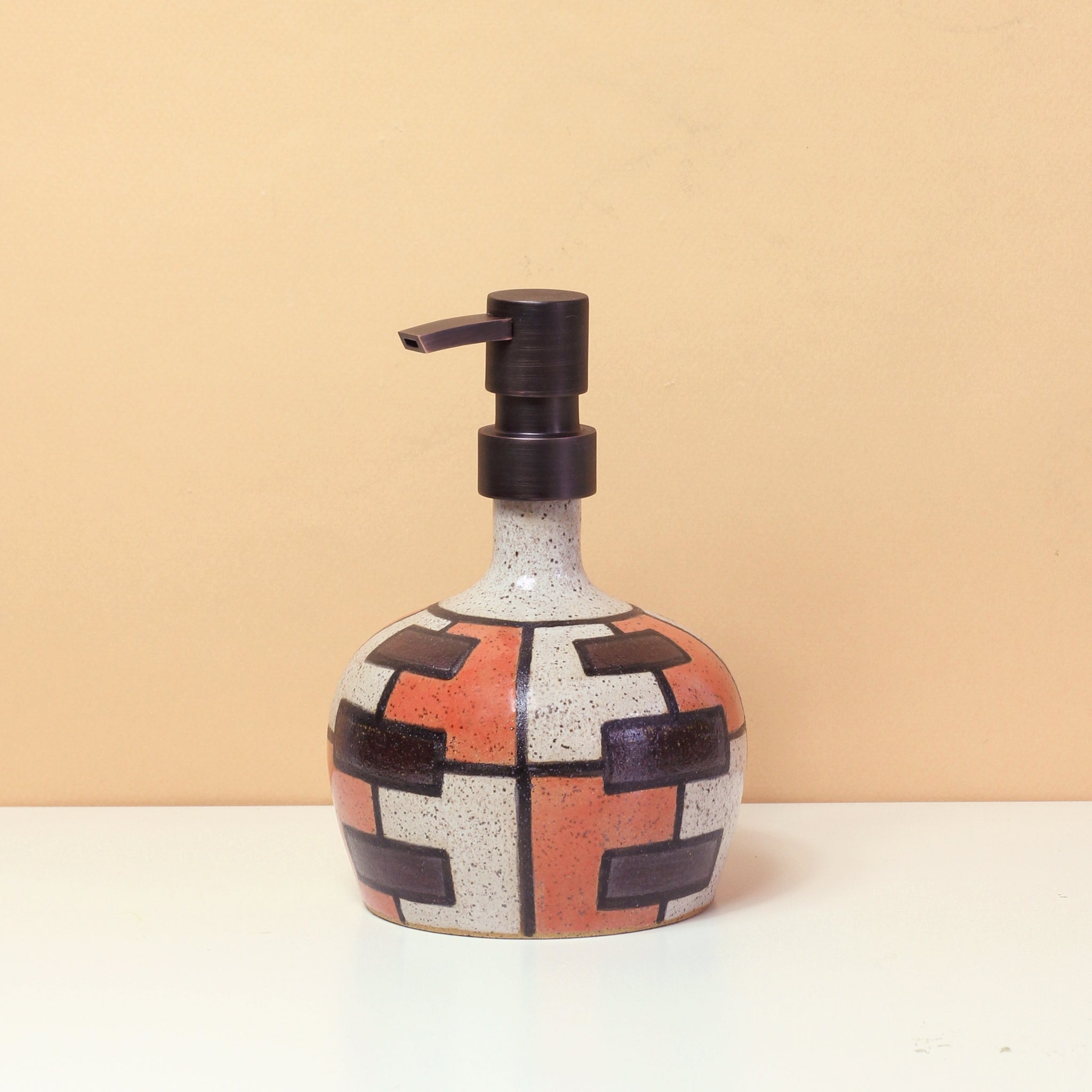 Glazed Stoneware Soap Dispenser with Block Pattern