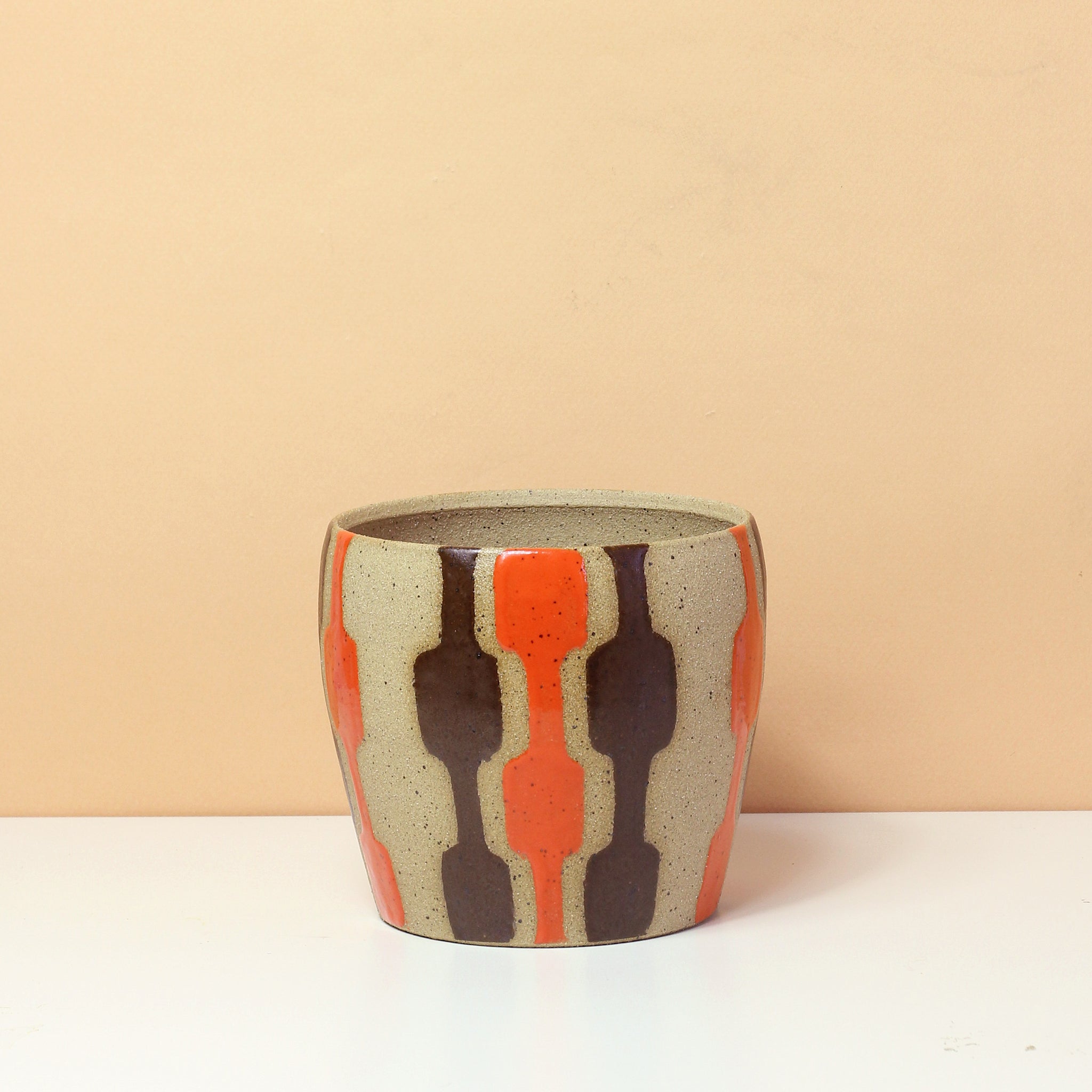 Glazed Stoneware Pot with Rectangle Pattern