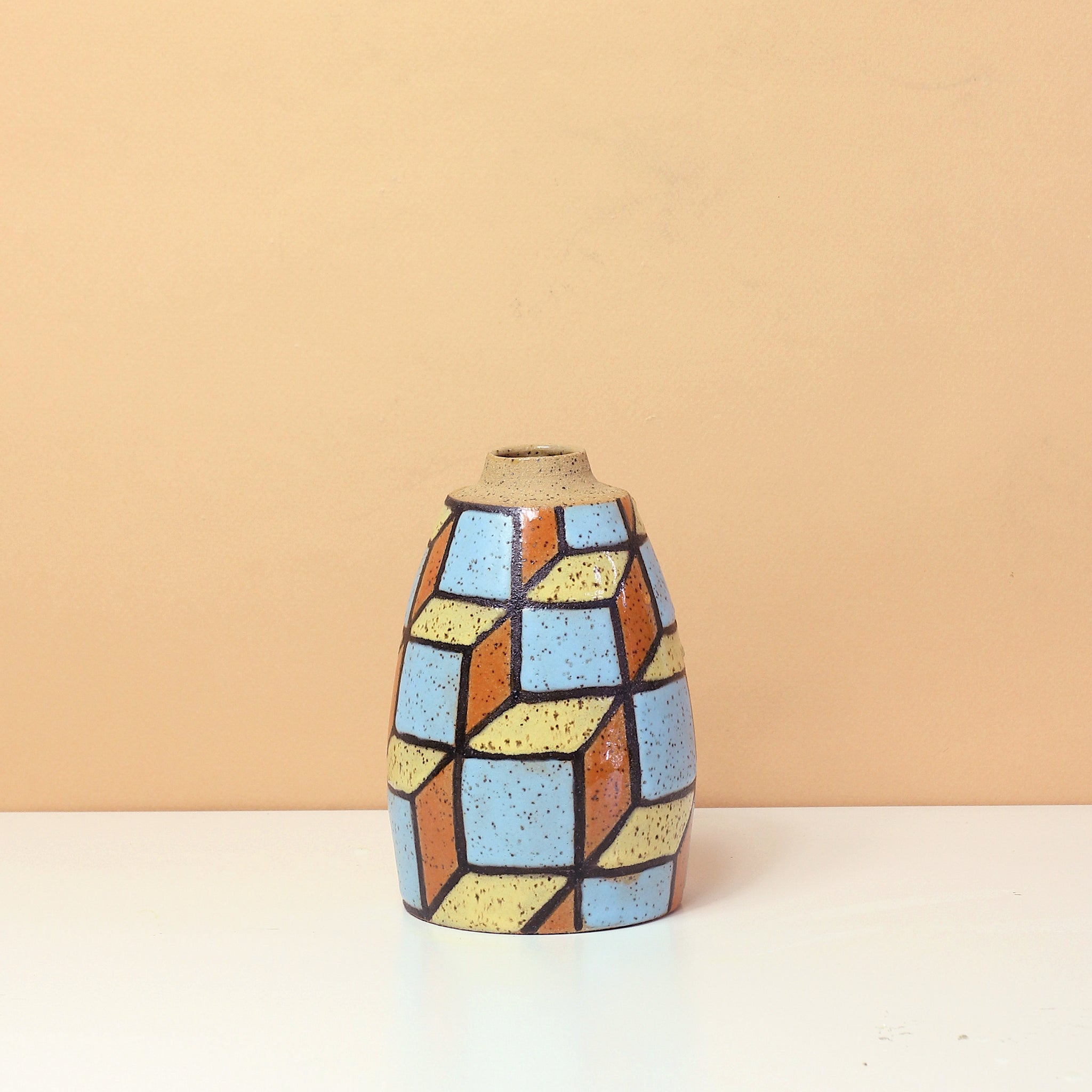 Glazed Stoneware Bud Vase with Cube Pattern