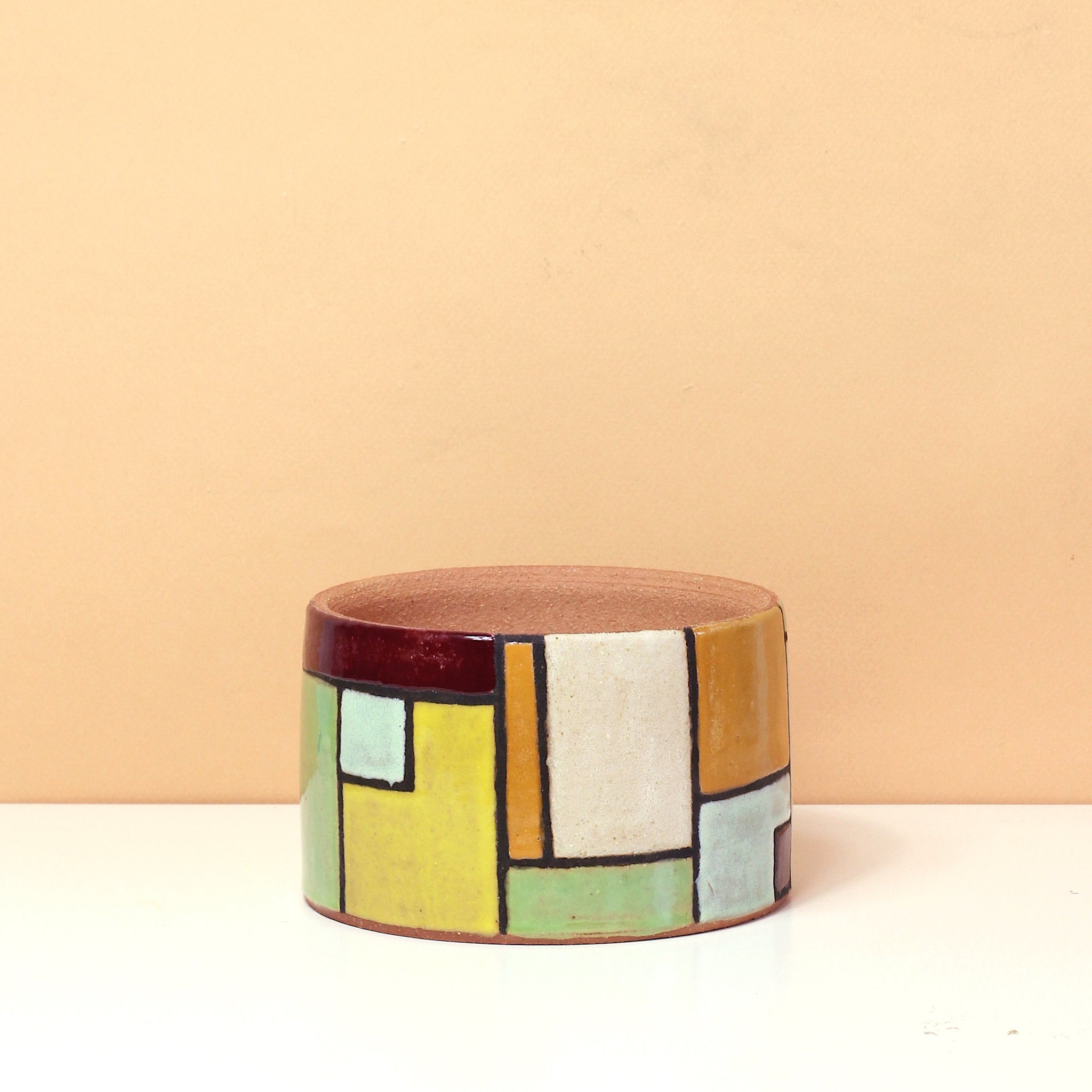 Glazed Stoneware Pot with Mondrian Pattern