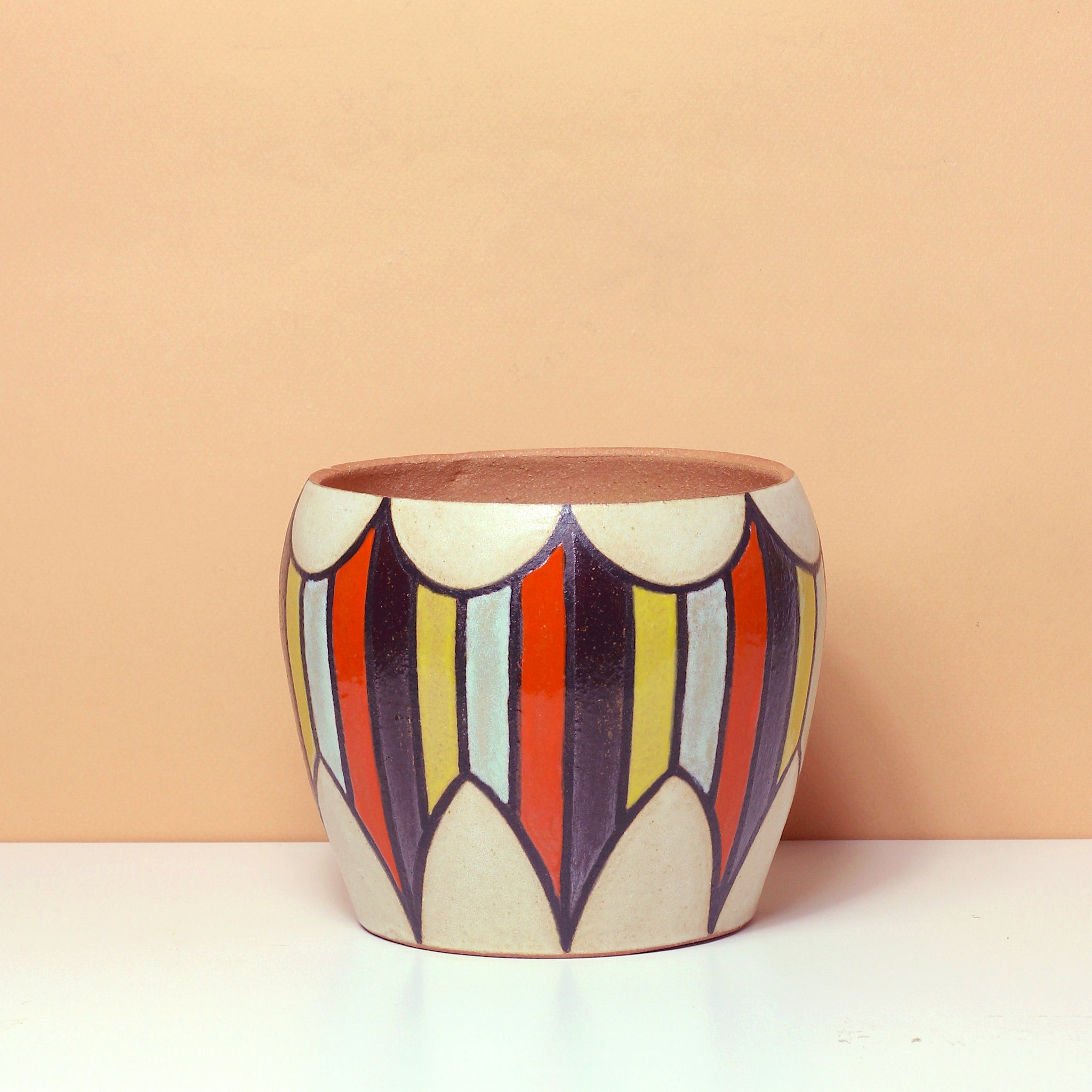 Glazed Stoneware Pot with Stripe Pattern