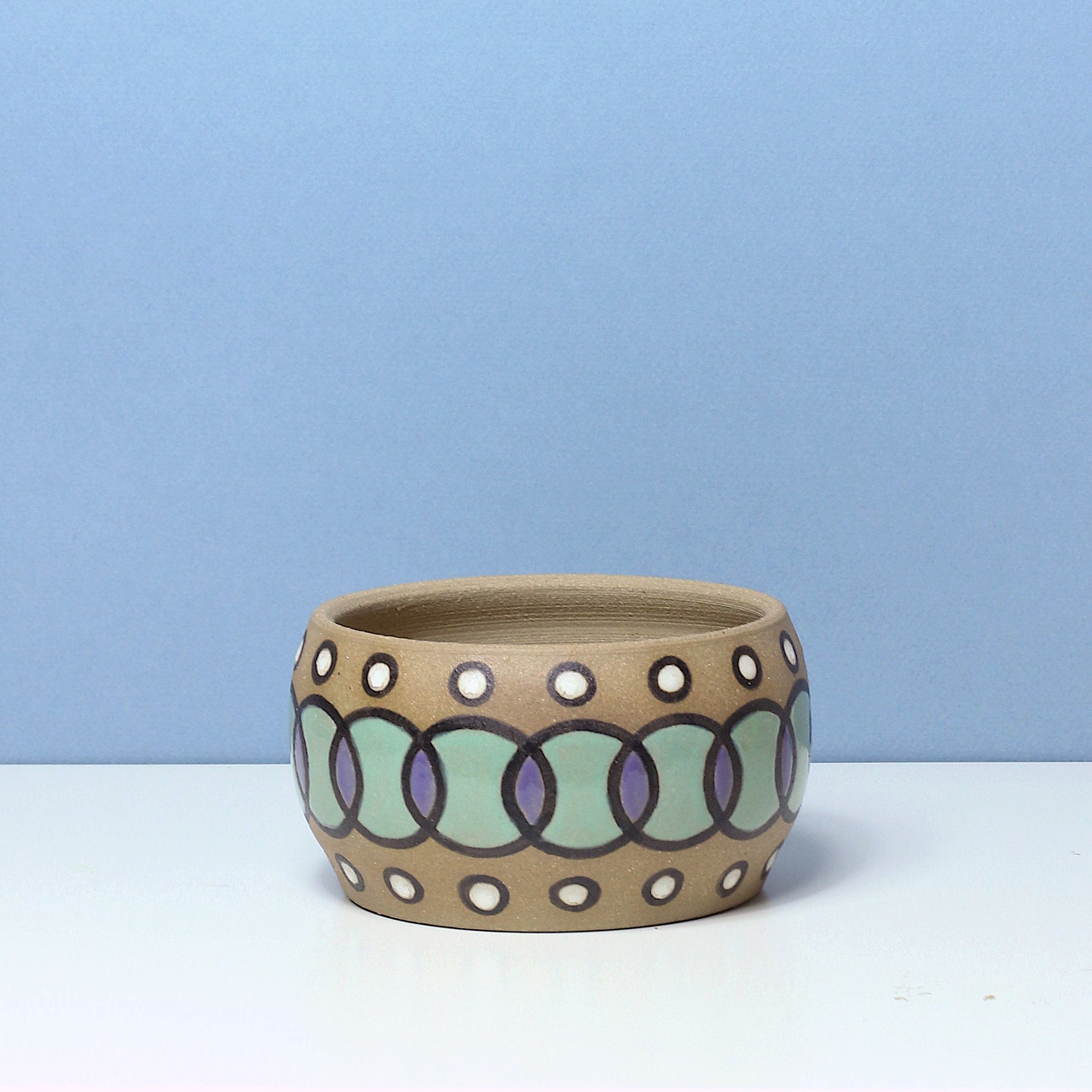 Glazed Stoneware Pot with Overlapping Circle Pattern