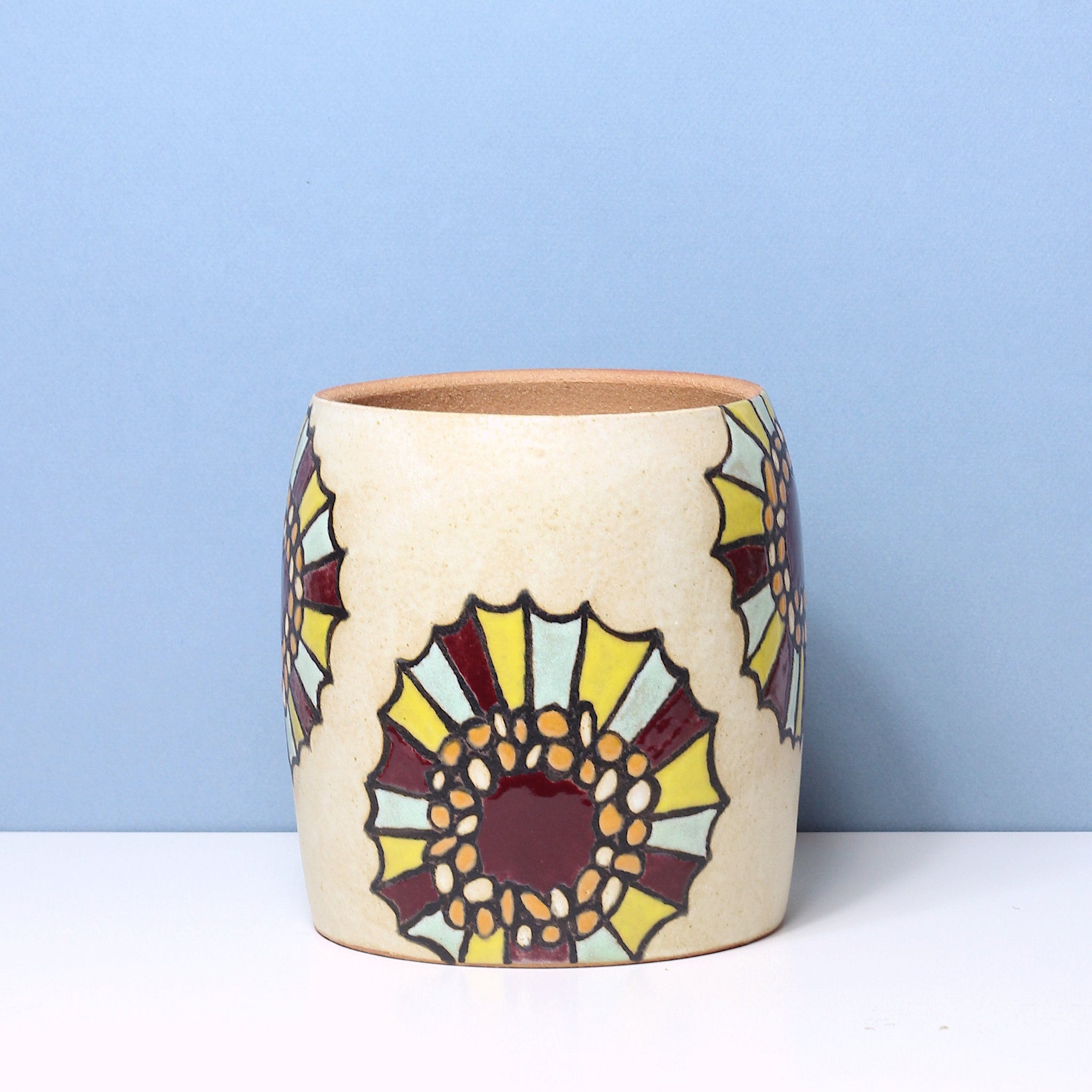 Glazed Stoneware Pot with Organic Flower Pattern