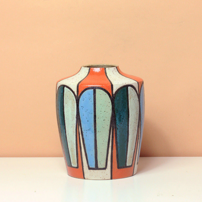 Glazed Stoneware Vase with Mid Century Pattern