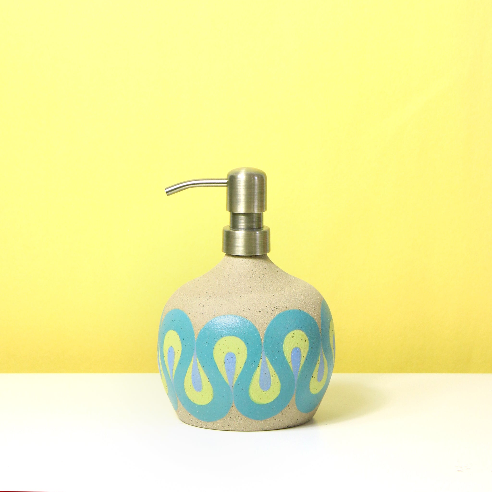 Glazed Stoneware Soap Dispenser with Radiating Wave Pattern