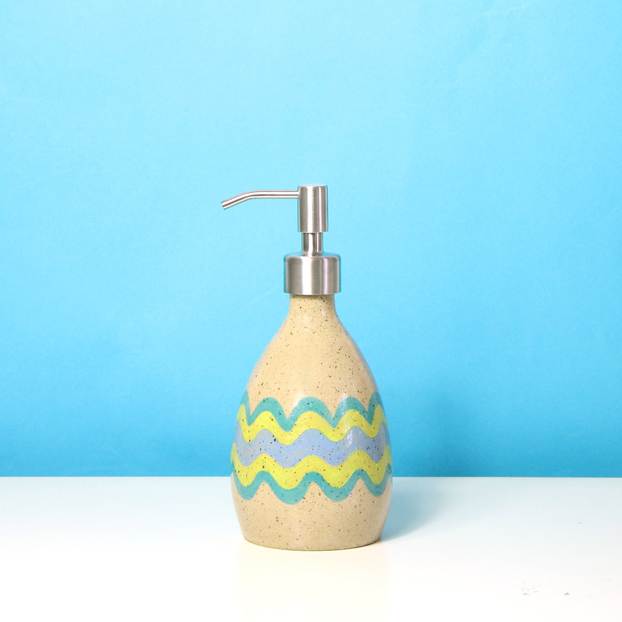 Glazed Stoneware Soap Dispenser with Squiggle Pattern