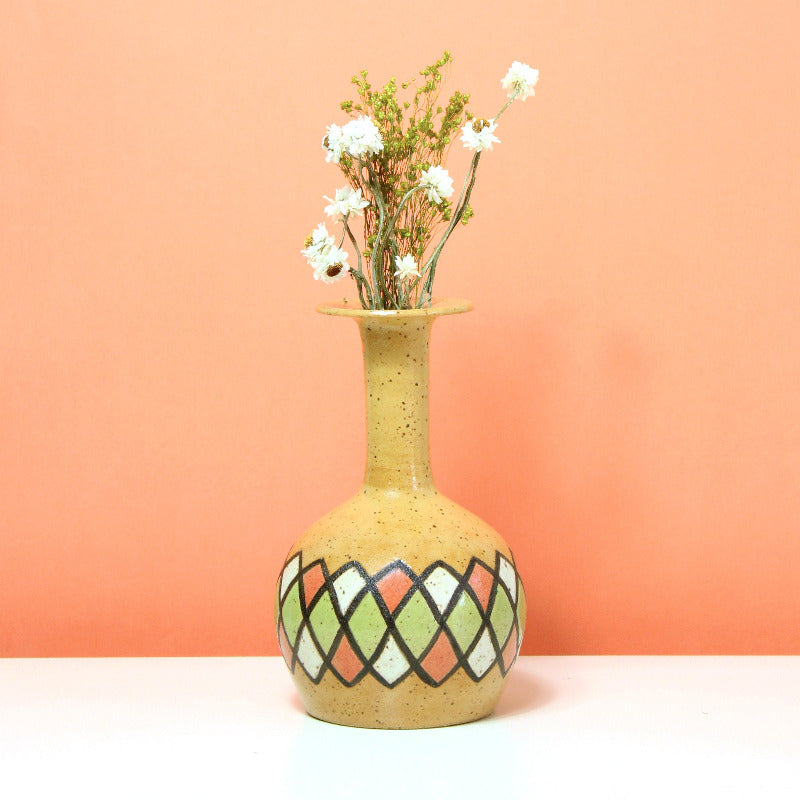 Glazed Stoneware Vase with Diamond Pattern