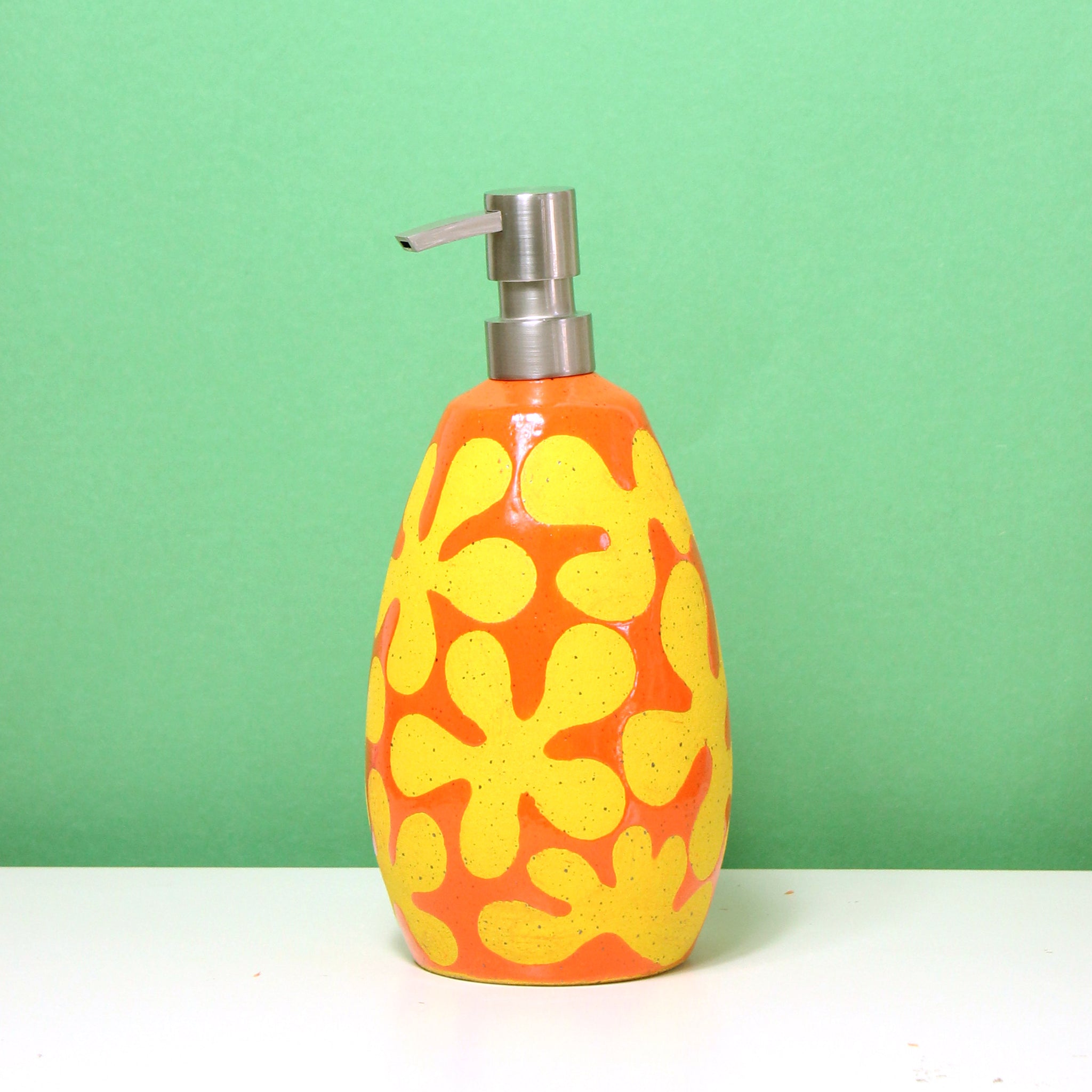 Glazed Stoneware Soap Dispenser with Abstract Flower Pattern