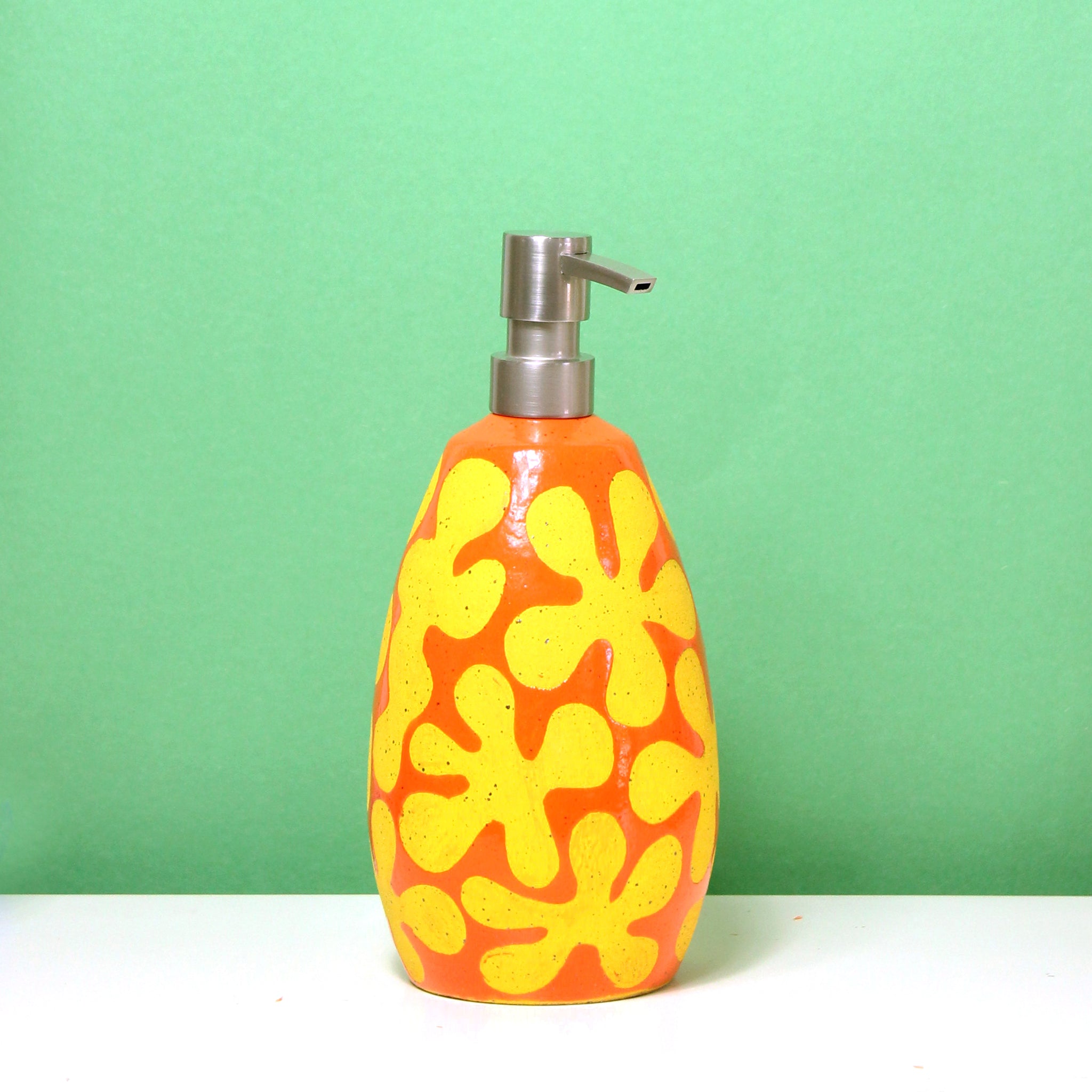 Glazed Stoneware Soap Dispenser with Abstract Flower Pattern