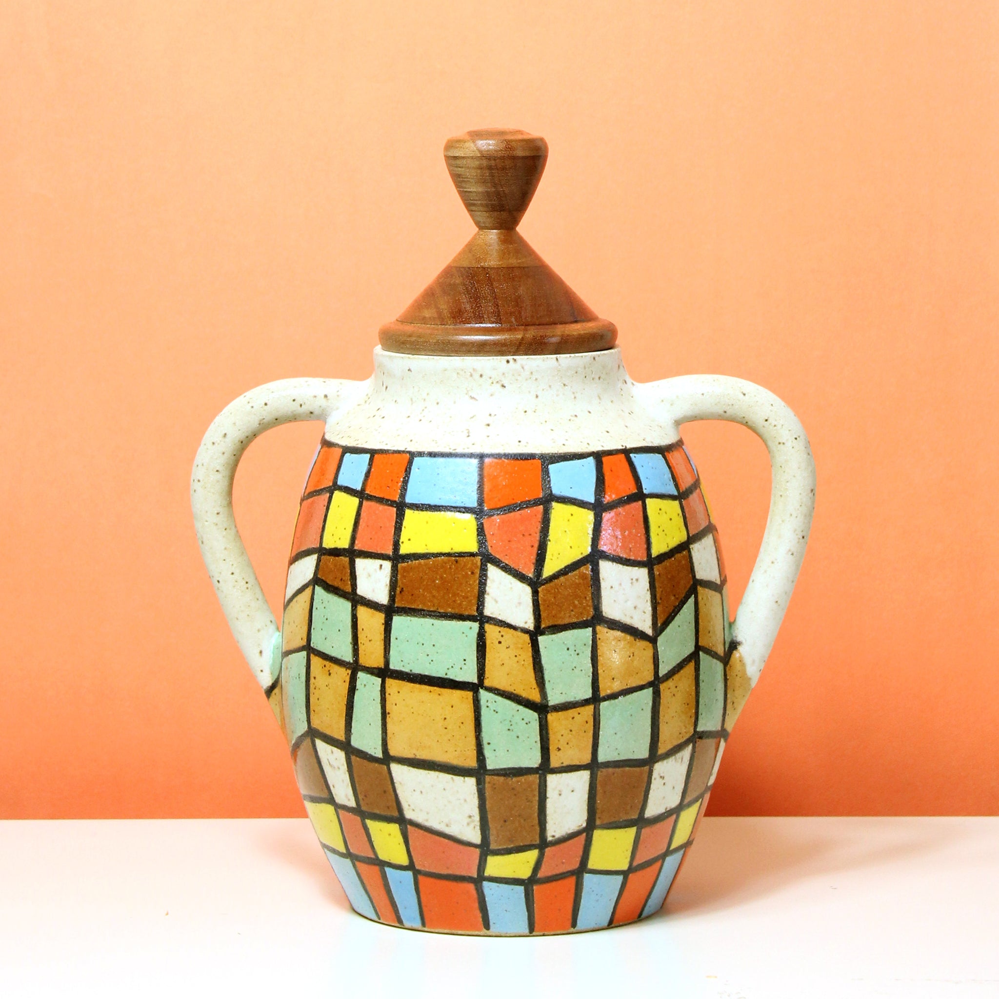 Glazed Stoneware Jar with Wonky Grid Pattern