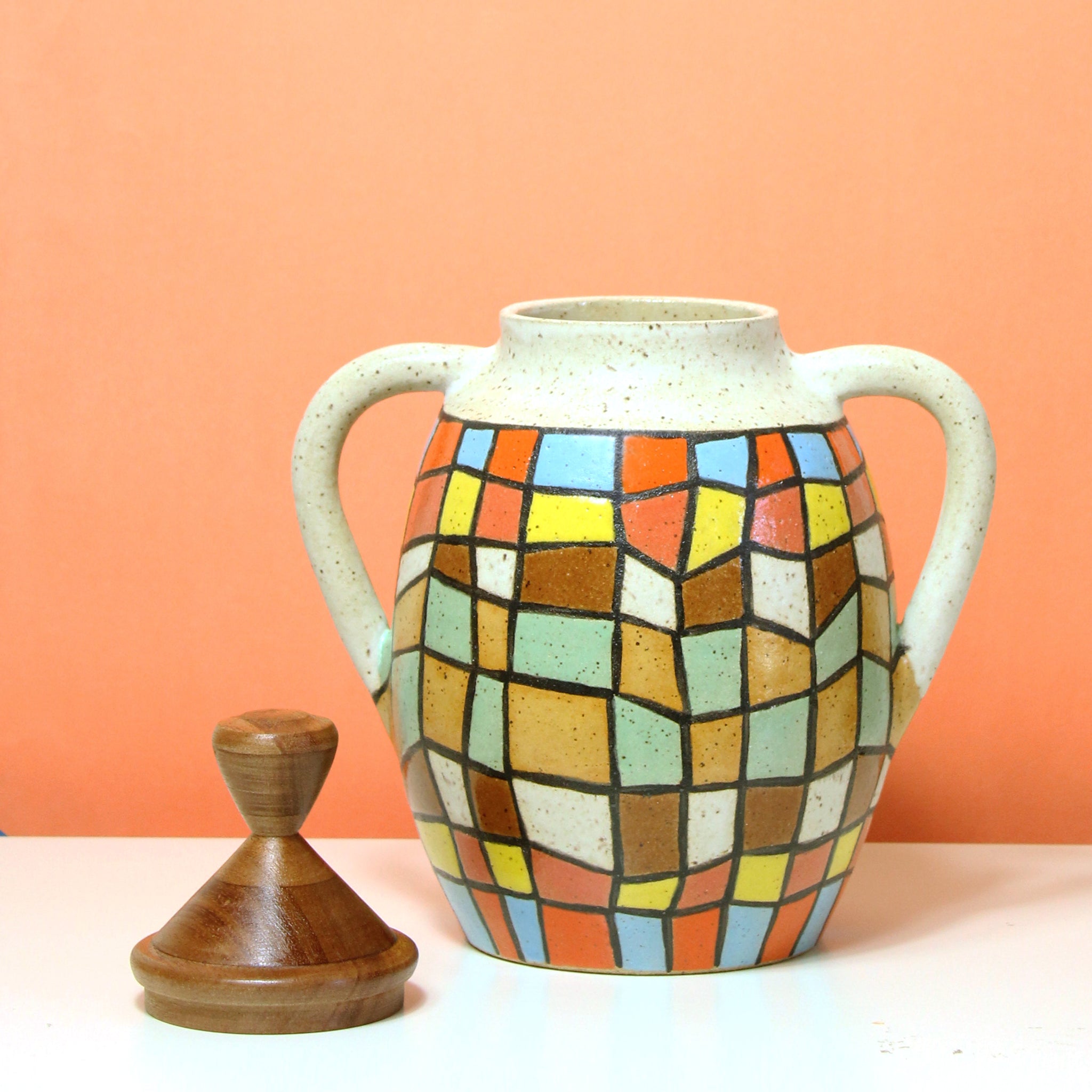Glazed Stoneware Jar with Wonky Grid Pattern