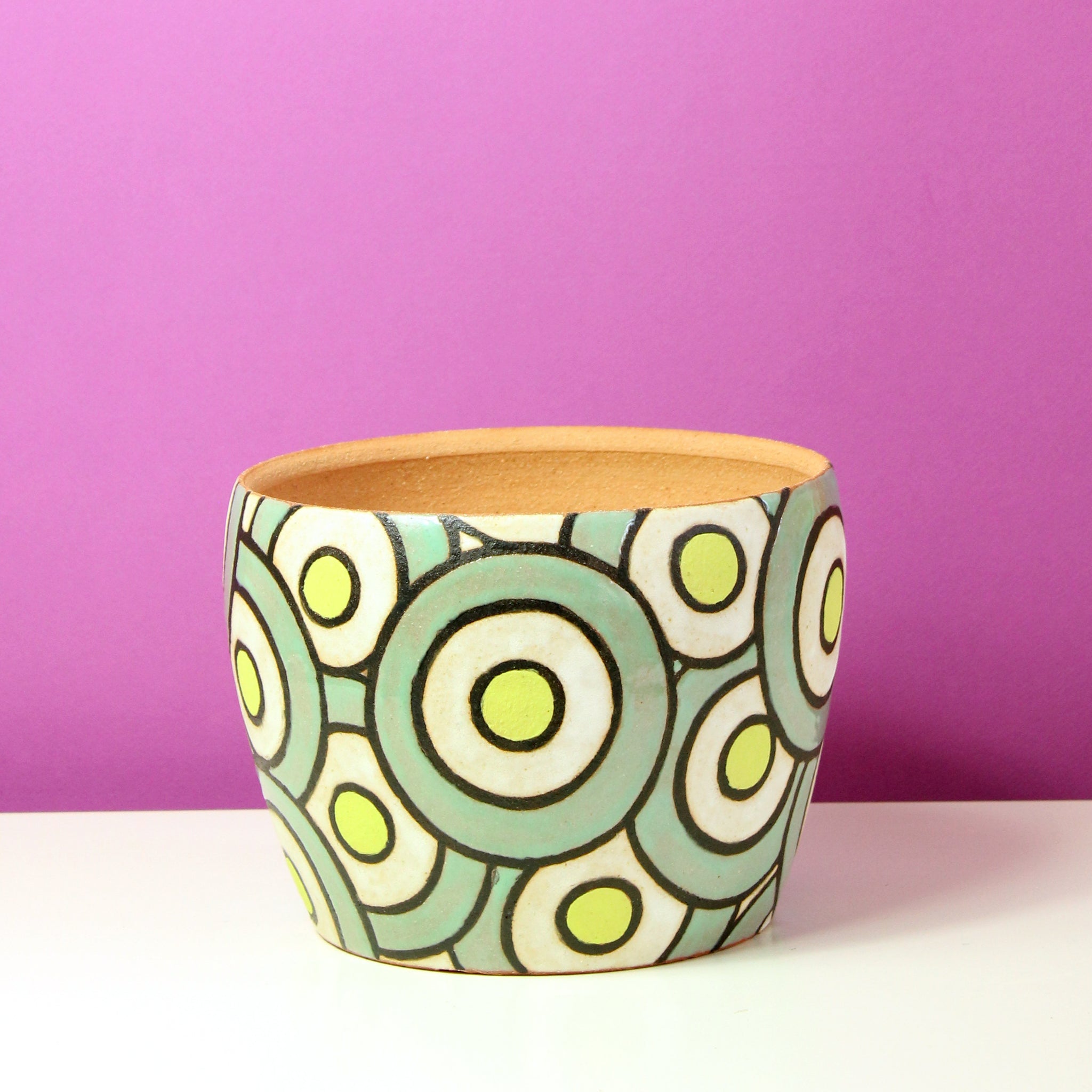 Glazed Stoneware Pot with Trippy Circle Pattern