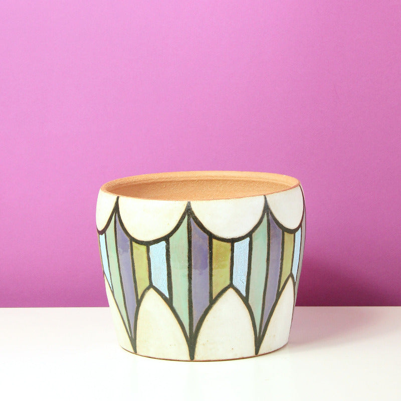 Glazed Stoneware Pot with Stripe Pattern