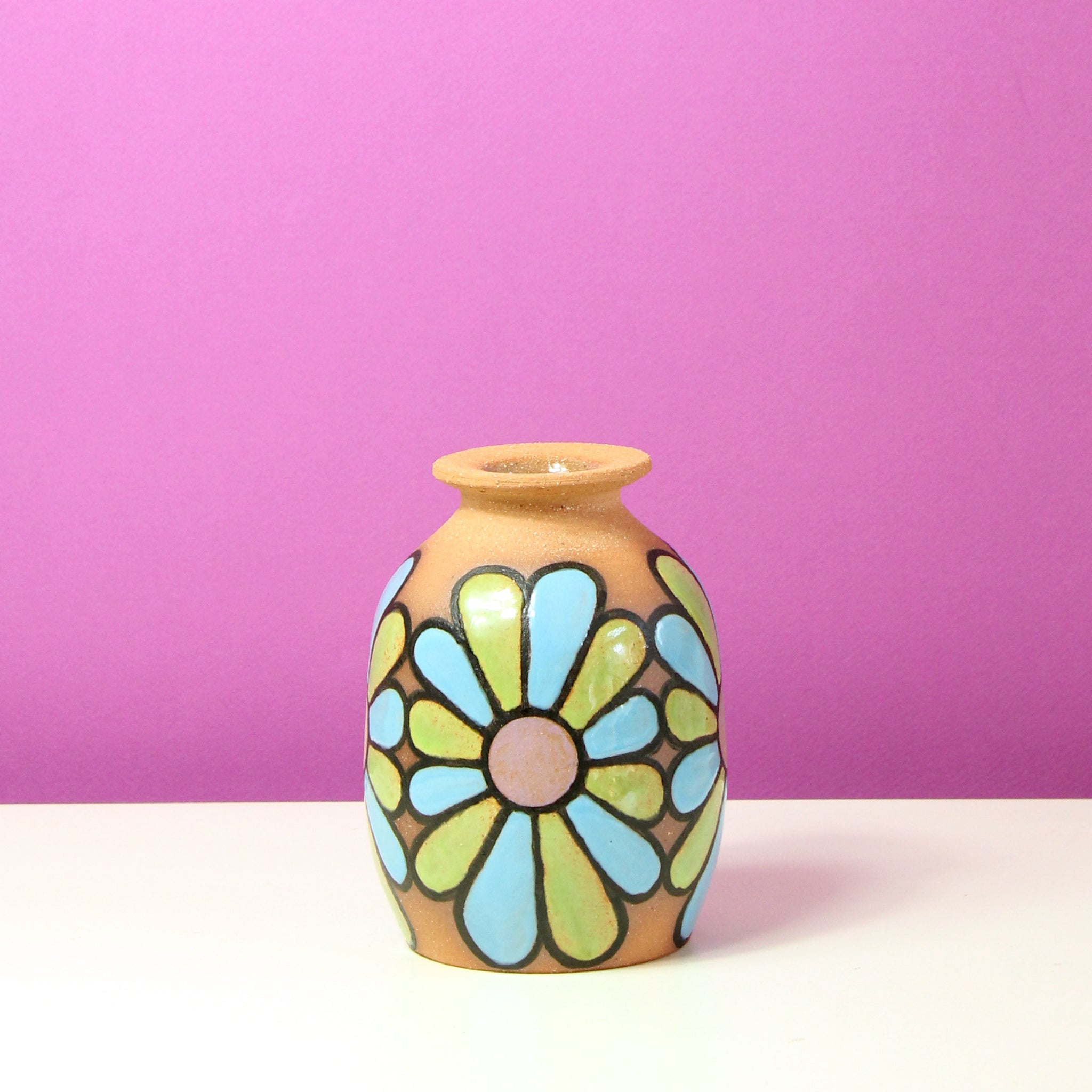 Glazed Stoneware Bud Vase with Flower Pattern