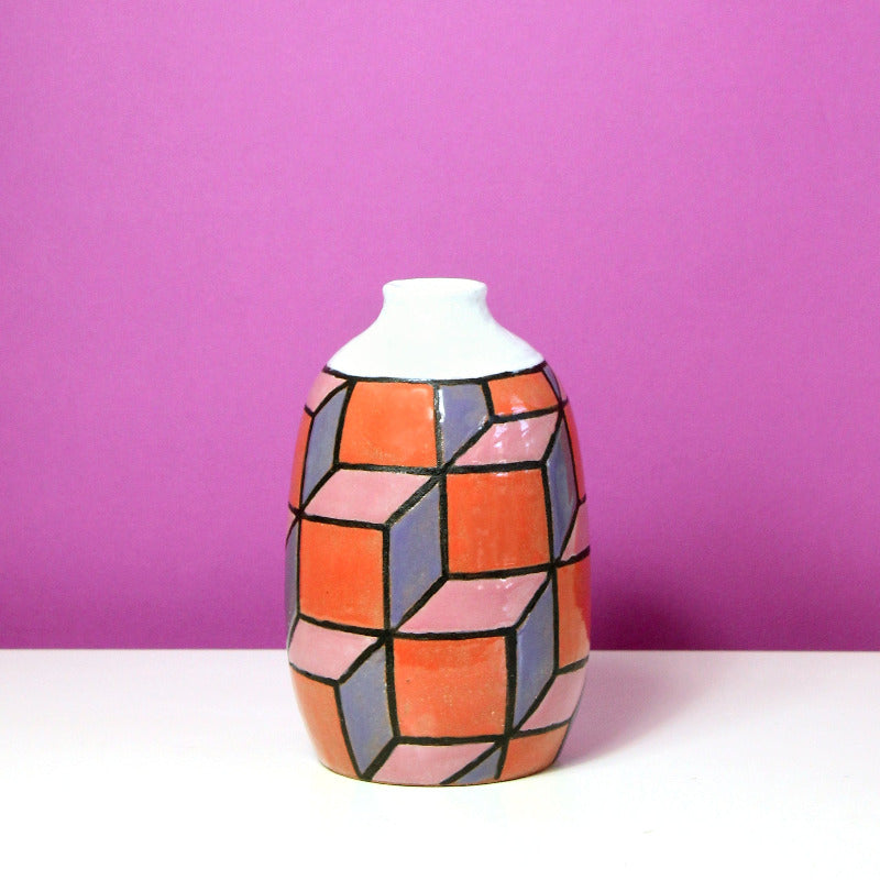 Glazed Stoneware Vase with Cube Pattern