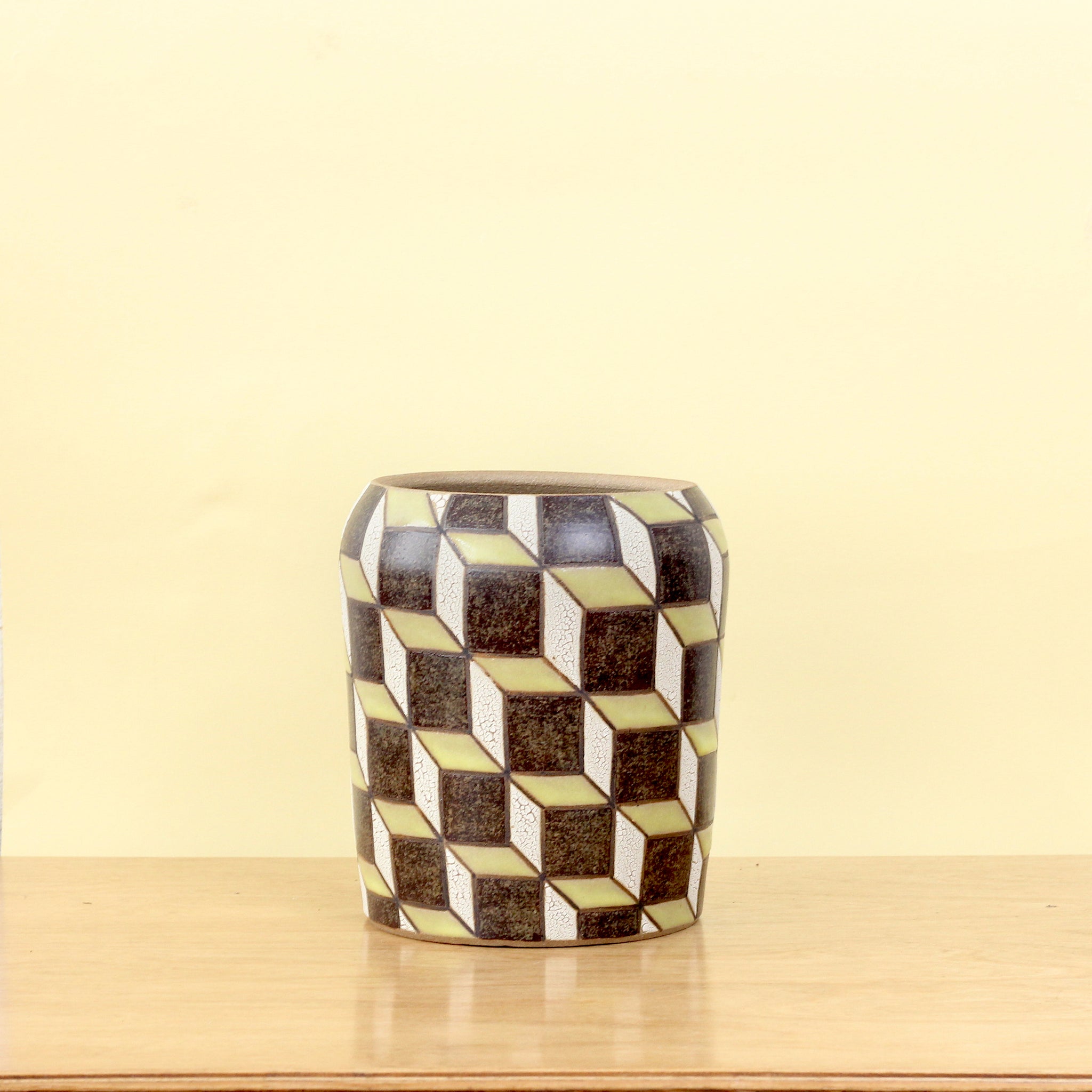 Glazed Stoneware Pot with Cube Pattern