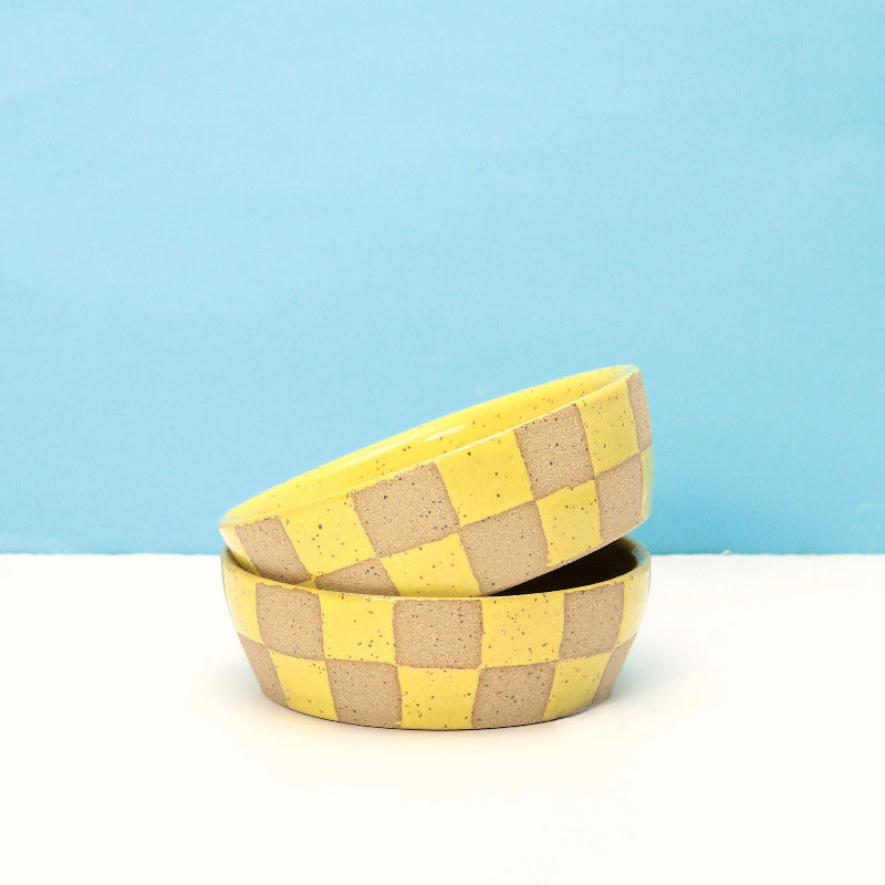 Glazed Stoneware Smiley Kitty Bowl/Catch All with Checker Pattern
