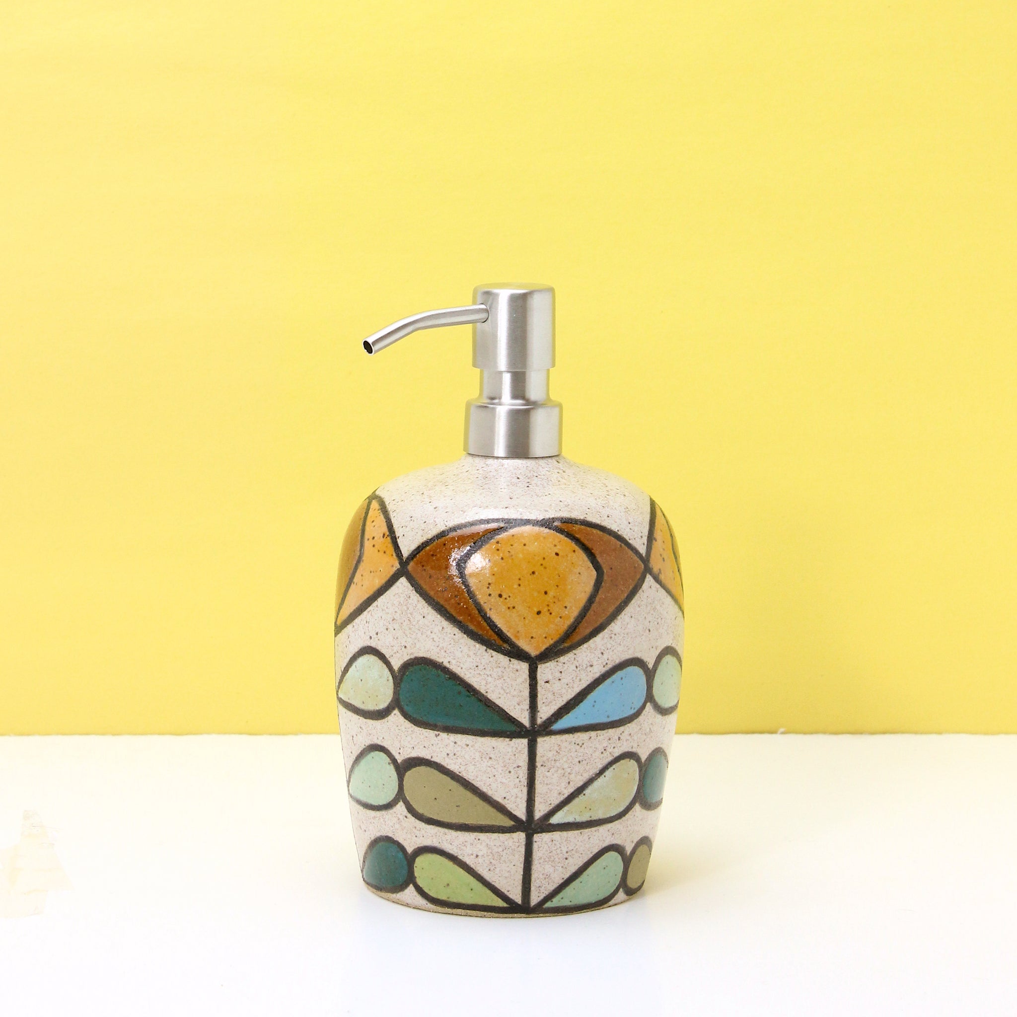Glazed Stoneware Soap Dispenser with Cat Eye Flower Pattern