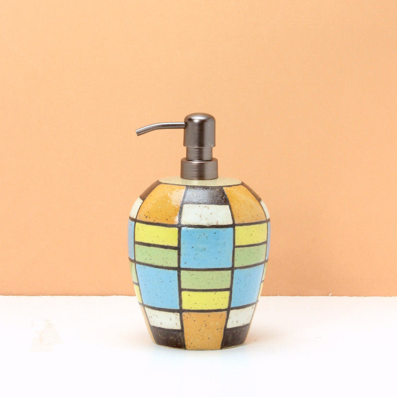 Glazed Stoneware Soap Dispenser with Brick Pattern