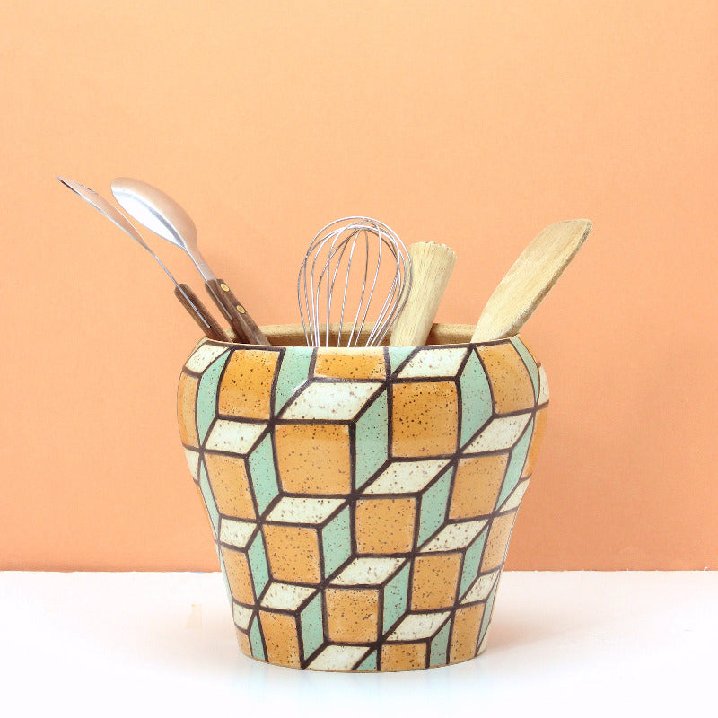 Glazed Stoneware Utensil Crock with Cube Pattern