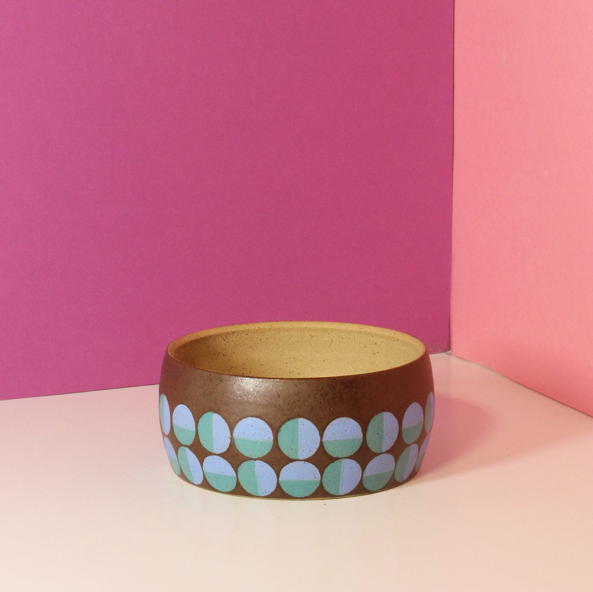 Glazed Stoneware Pot with Op Art Circle Pattern