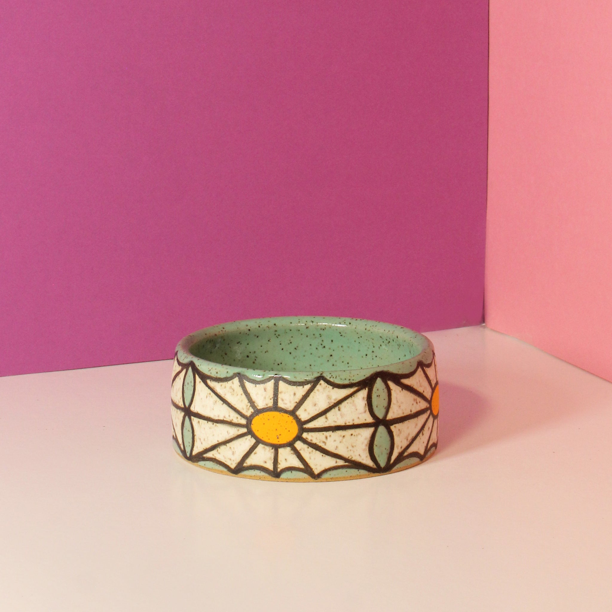 Glazed Stoneware Dog Bowl with Spiderweb Pattern