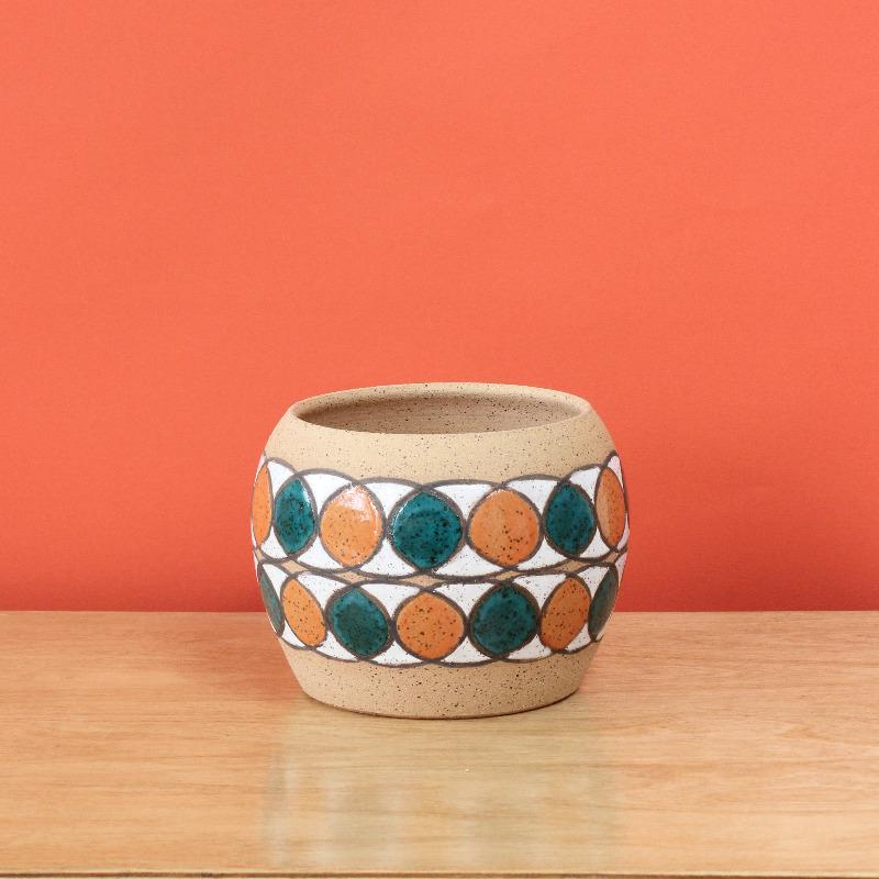 Glazed Stoneware Pot with Overlapping Circle Pattern