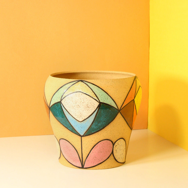 Glazed Stoneware Pot with Tulip Flower Pattern