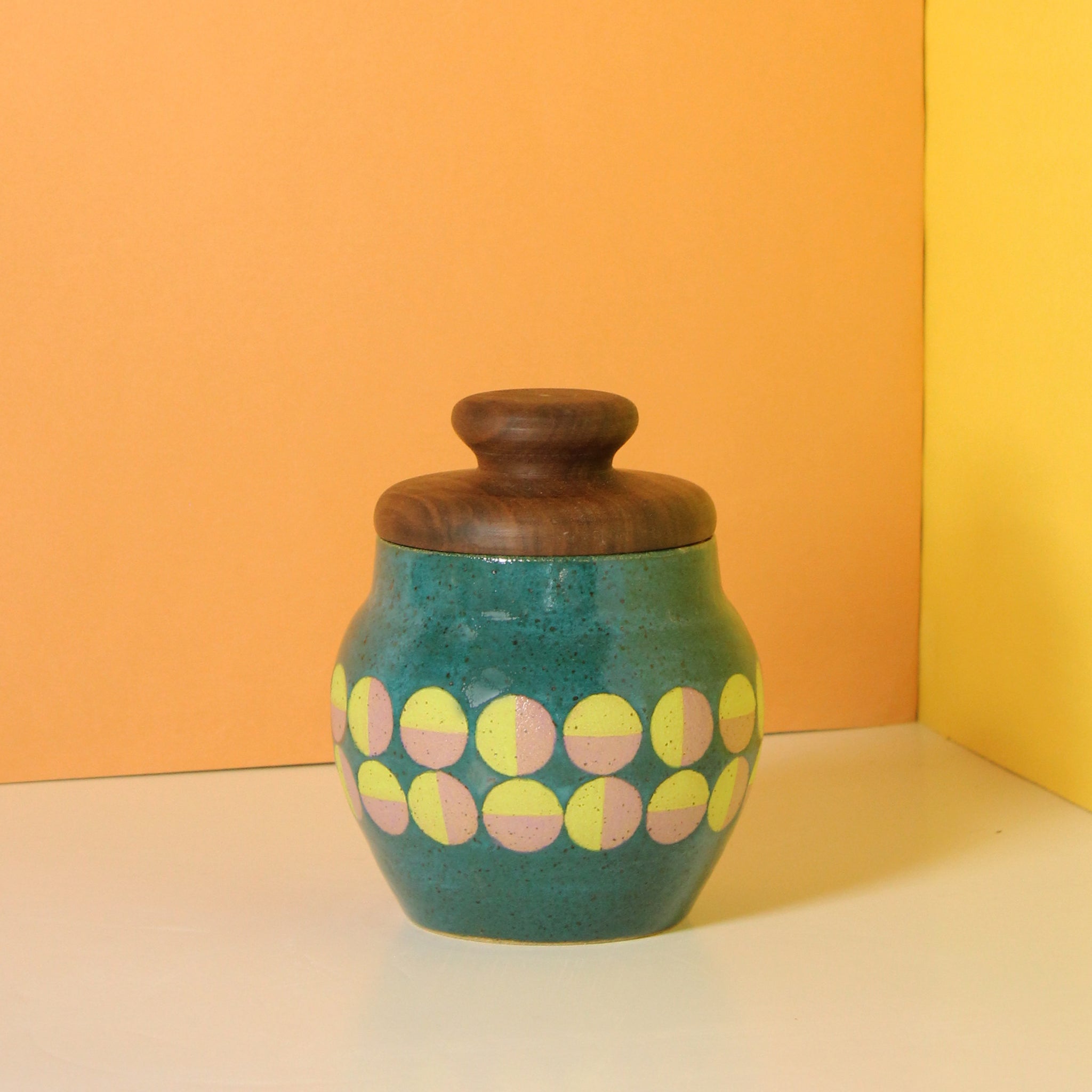 Glazed Stoneware Jar with Op Art Circle Pattern