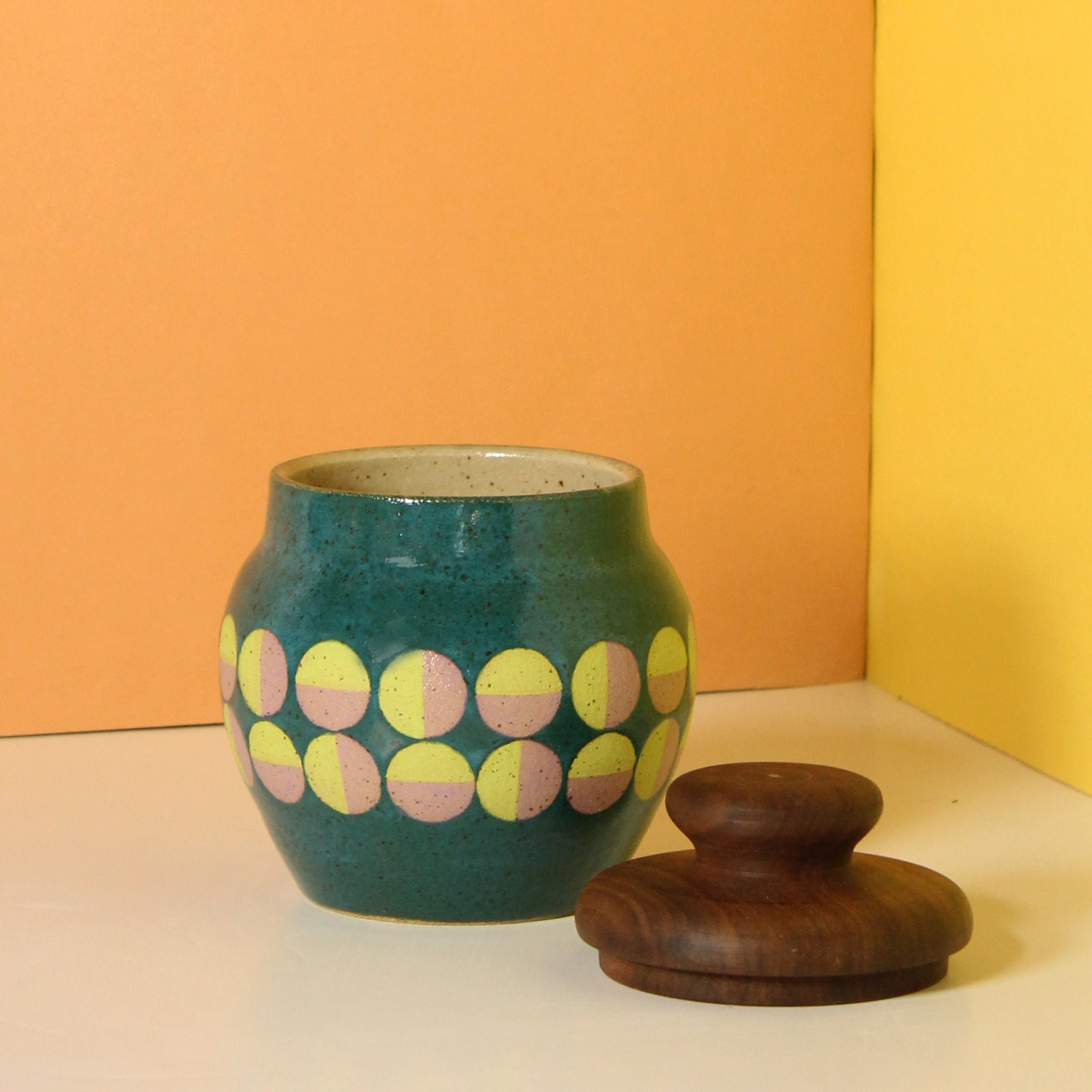 Glazed Stoneware Jar with Op Art Circle Pattern