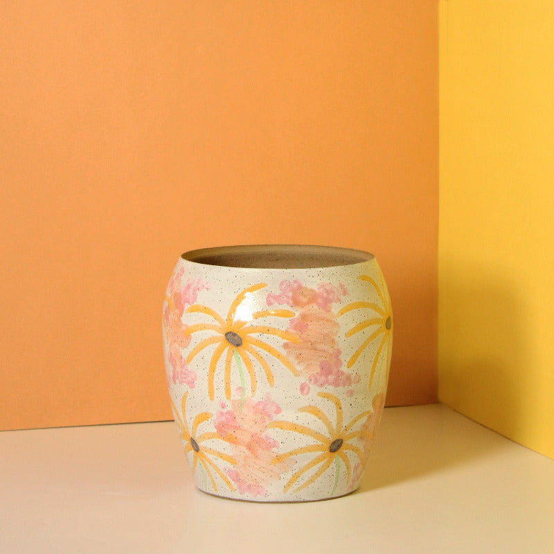 Glazed Stoneware Pot with Pastel Flowers