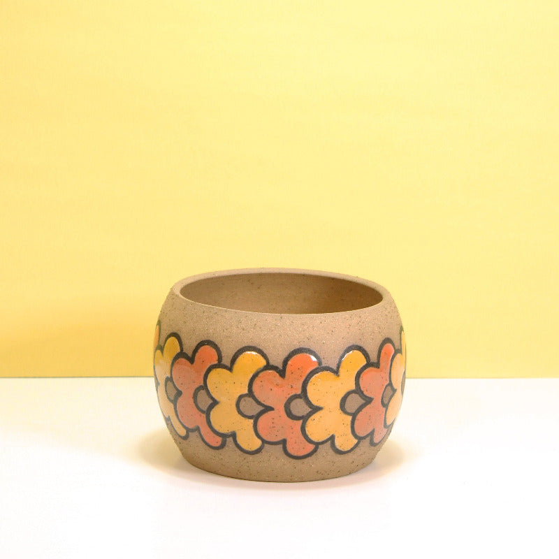 Glazed Stoneware Pot with Overlapping Flowers