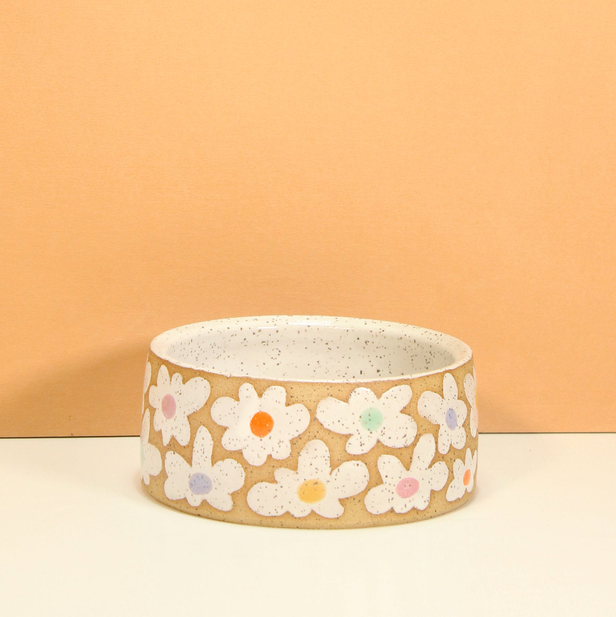 Glazed Stoneware Dog Bowl with Flower Pattern