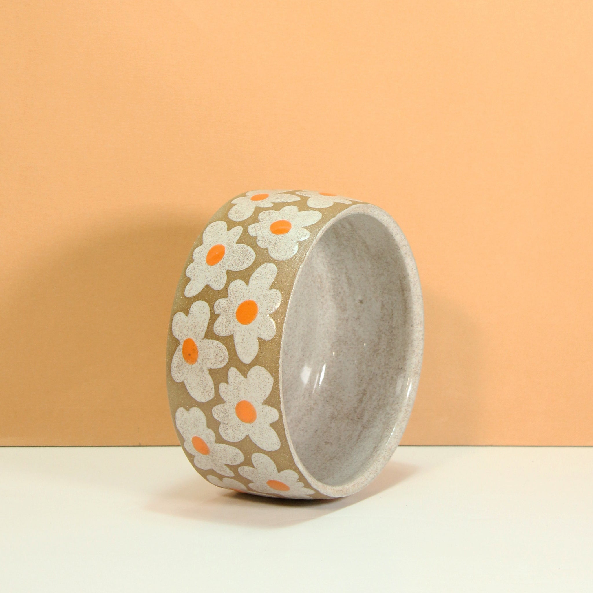 Glazed Stoneware Dog Bowl with Flower Pattern