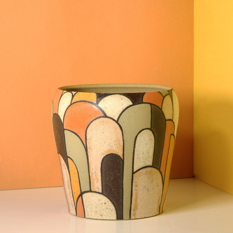 Glazed Stoneware Pot with Arch Pattern