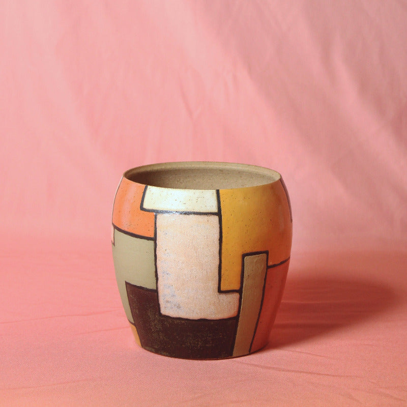 Glazed Stoneware Pot with Mondrian Pattern
