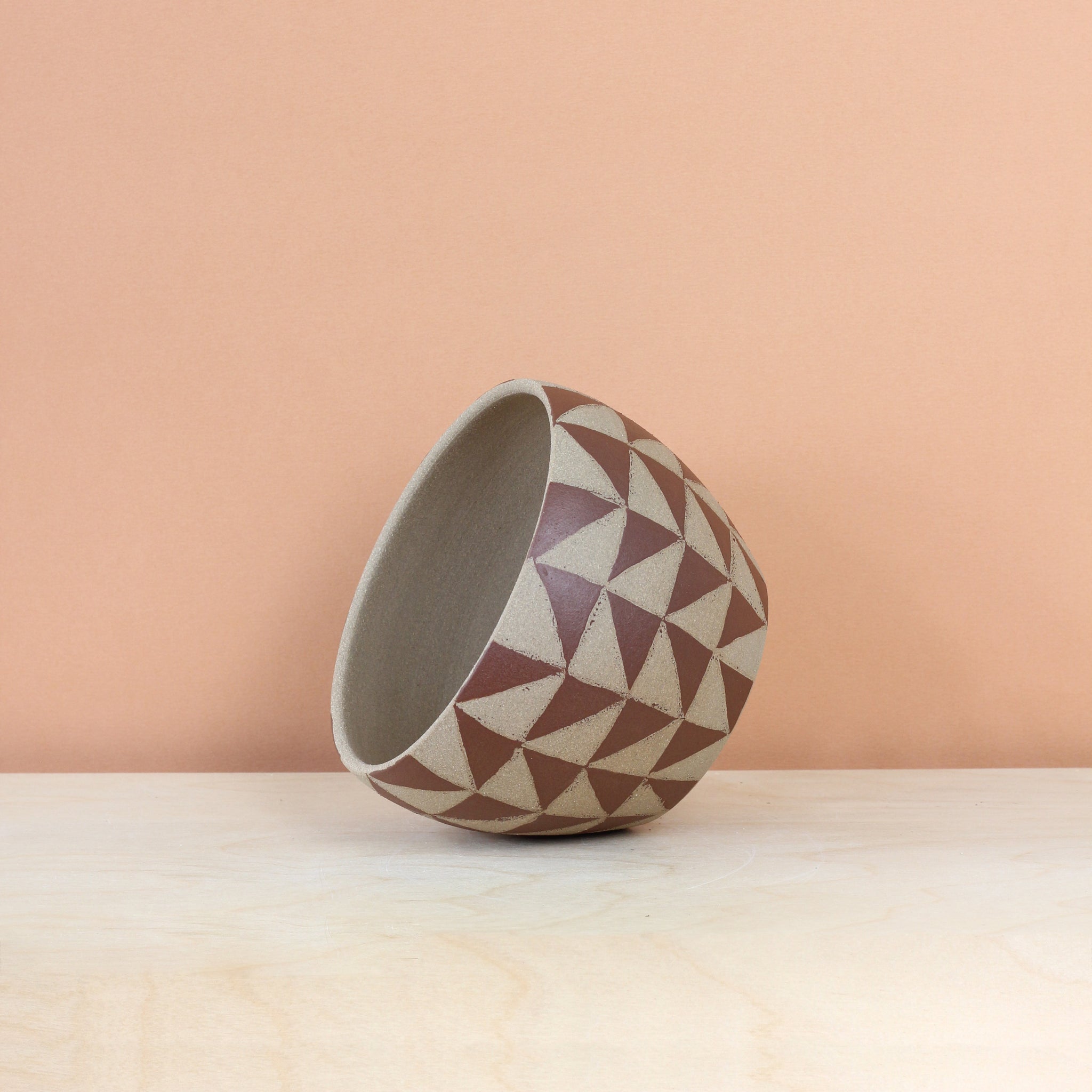 Glazed Stoneware Pot with Triangle Pattern