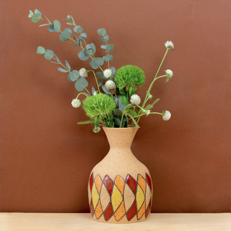 Glazed Stoneware Vase with Boomerang Pattern